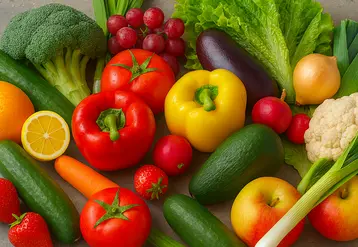 Des fruits et des légumes sur une table, dont des tomates, poivrons, poireaux, pommes, oignons, carottes, aubergines et choux-fleurs.