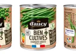 Boîtes de légumes petits pois et haricots verts d'aucy de la gamme Bien cultivés avec le logo Origin'Info.