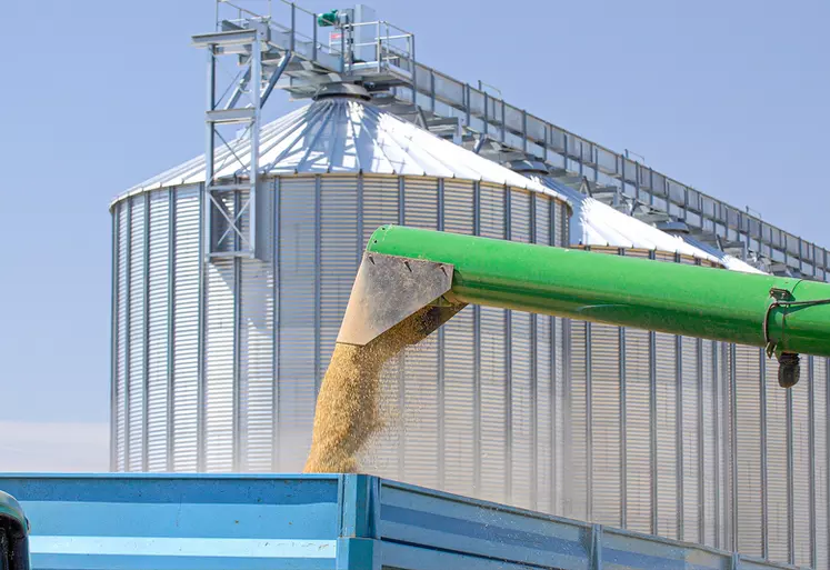 Céréales versées dans une benne avec des silos en arrière plan