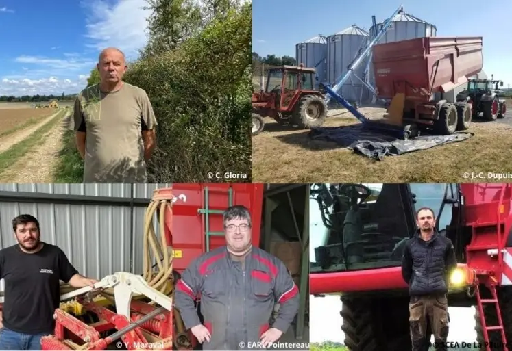 Valère Ricard, agriculteur dans la Somme ; le stockage de Jean-Christophe Dupuis, agriculteur en Saône-et-Loire ; Yannick Maraval, agriculteur dans le Tarn ; Thomas Pointereau, agriculteur dans le Loiret ; Corentin Denis, agriculteur dans l'Yonne.