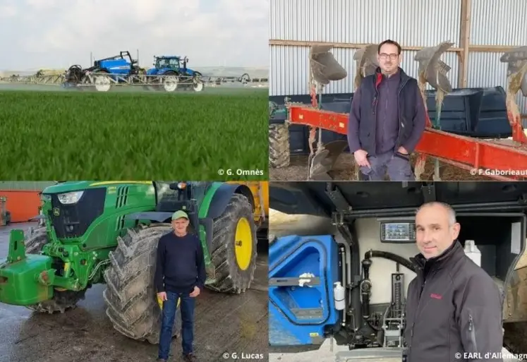 Mosaïque de photos. En haut à gauche : pulvérisateur dans un champ de blé au printemps pour une intervention fongicides. En haut à droite : François Gaborieau, agriculteur à Montréverd, en Vendée. En bas à gauche : Gilbert Lucas, agriculteur à Wismes, dans le Pas-de-Calais. En bas à droite : Jean-Marie Fontaine, agriculteur à Laon, dans l'Aisne.