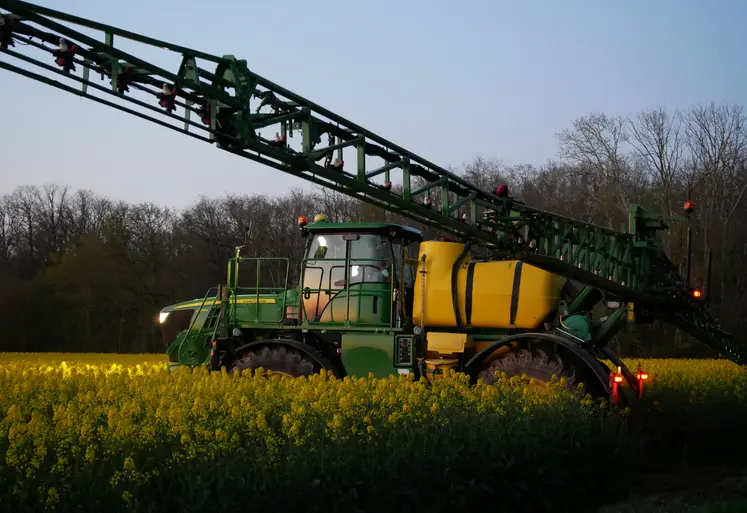 Pulvérisateur effectuan des traitements phytosanitaires le soir dans un champ de colza.