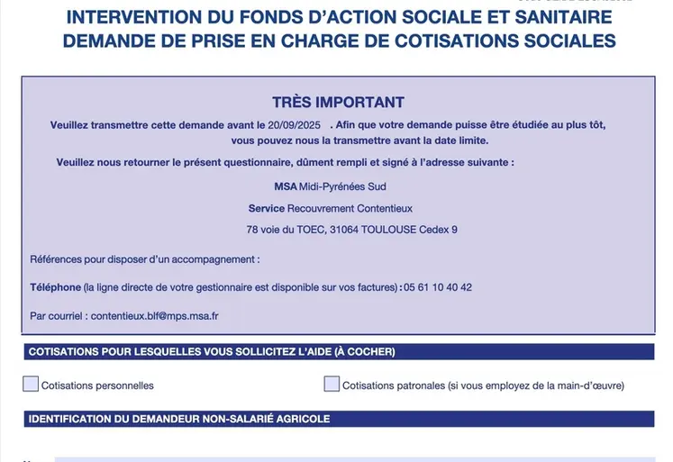 <em class="placeholder">Première page du formulaire de demande de prise en charge de cotisations MSA</em>