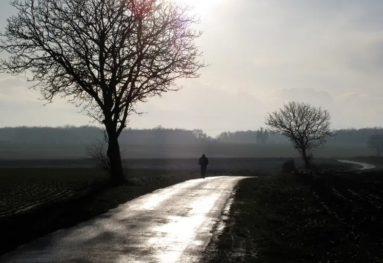 <em class="placeholder">Paysage avec un champ de céréales sous la neige en hiver, avec un promeneur sur une route de campagne.</em>