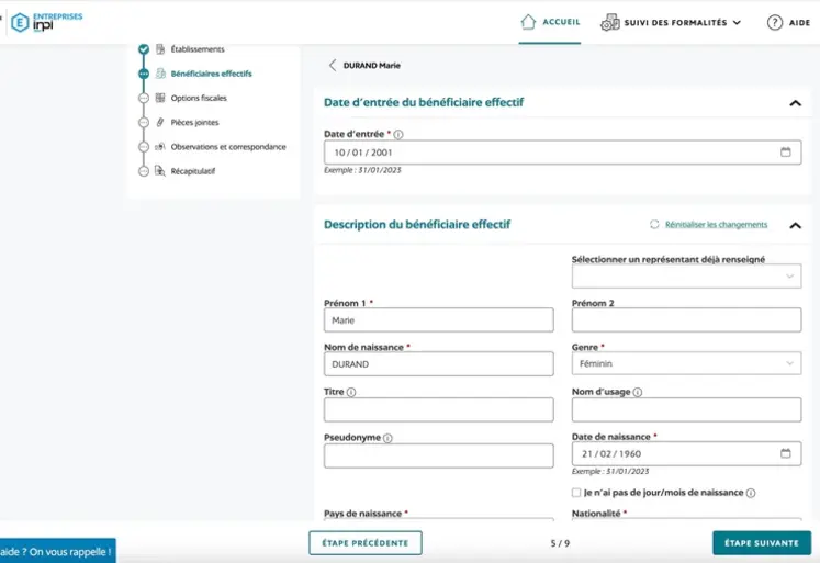 <em class="placeholder">Capture d&#039;écran de la télédéclaration des bénéficiaires effectifs au Guichet unique de l&#039;INPI</em>
