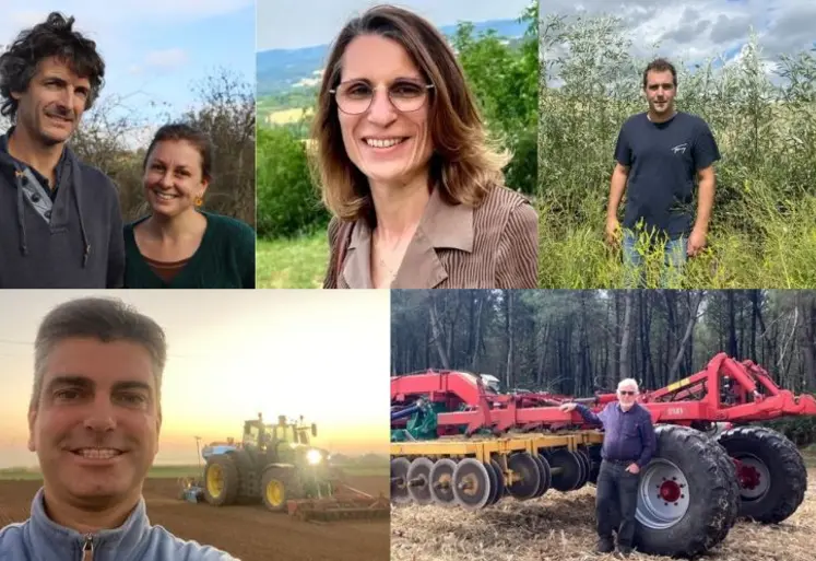 1re ligne :  Mathieu Etchegaray et Fanny Auclair installés, dans les Pyrénées-Atlantiques, Sylvie Daguet, agricultrice en Eure-et-Loir, Alexis Deville exploitant dans les Ardennes. 2e ligne : Laurent Bourgeois, céréalier dans l’Aube, Berthold Kress, maïsiculteur en Gironde.