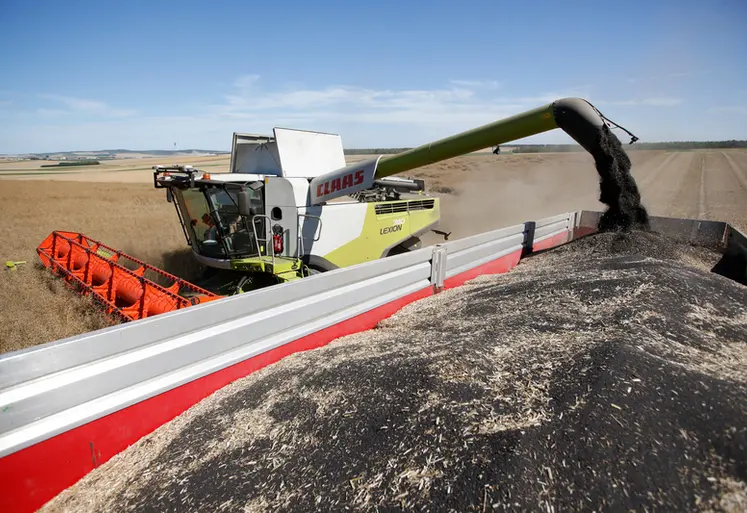 <em class="placeholder">Moisson du Colza dans les plaines cerealieres de la Marne. Agriculteur moissonnant sa parcelle de Colza avec une moissonneuse bateuse Claas 740 Lexion.</em>