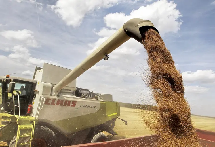<em class="placeholder">Prestataire de service avec une moissonneuse batteuse de marque CLAAS vidant sa trémie dans la remorque d'un tracteur durant la moisson des blés. Récolte des céréales. ...</em>