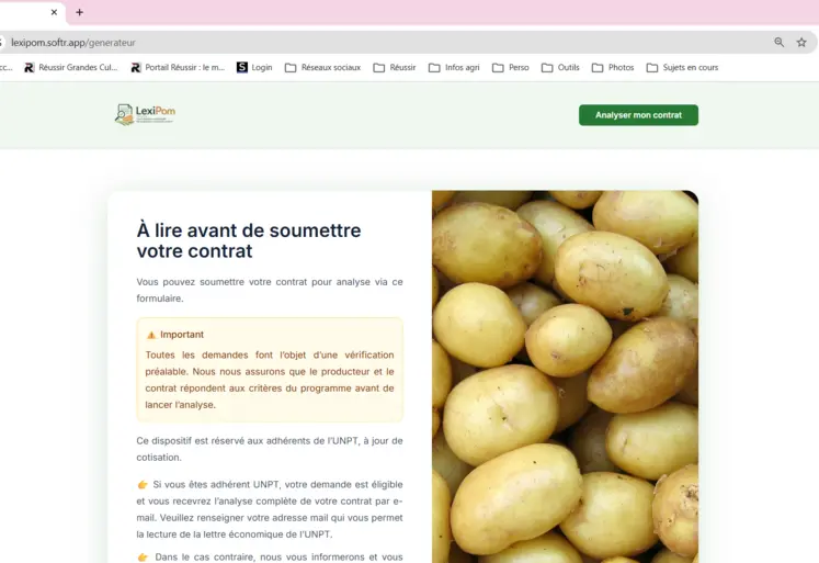 Capture d'écran de la plateforme Lexipom développée par l'UNPT pour analyser les contrats en pomme de terre