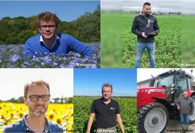 Quentin Pointereau, agriculteur dans le Cher ; Rémi Besnault, gérant d'une ETA dans la Vienne ; Olivier Michel, spécialiste nutrition des plantes au service agronomie de la coopérative Eureden ; Jérôme Noirez, agriculteur en Moselle ; Bernard Cochon, agriculteur dans la Marne.  