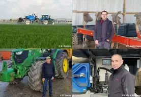 Mosaïque de photos. En haut à gauche : pulvérisateur dans un champ de blé au printemps pour une intervention fongicides. En haut à droite : François Gaborieau, agriculteur à Montréverd, en Vendée. En bas à gauche : Gilbert Lucas, agriculteur à Wismes, dans le Pas-de-Calais. En bas à droite : Jean-Marie Fontaine, agriculteur à Laon, dans l'Aisne.