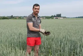 <em class="placeholder">Nicolas Dervier, agriculteur de Côte d&#039;Or dans un champ de blé avec du produit organique composté dans ses mains.</em>
