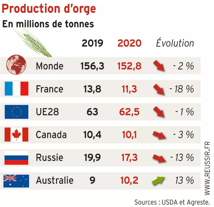 La production mondiale d'orge reste élevée en 2020 malgré une baisse dans plusieurs régions, notamment en Europe. © Réussir / USDA et Agreste.