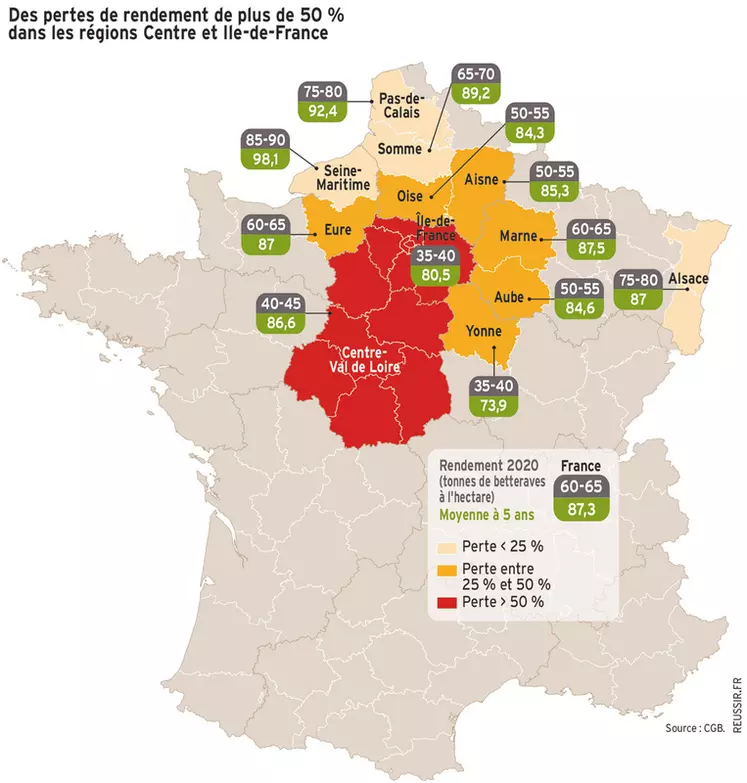 Des pertes de rendement de plus de 50 % dans les régions Centre et Ïle-de-France © Source : CGB.