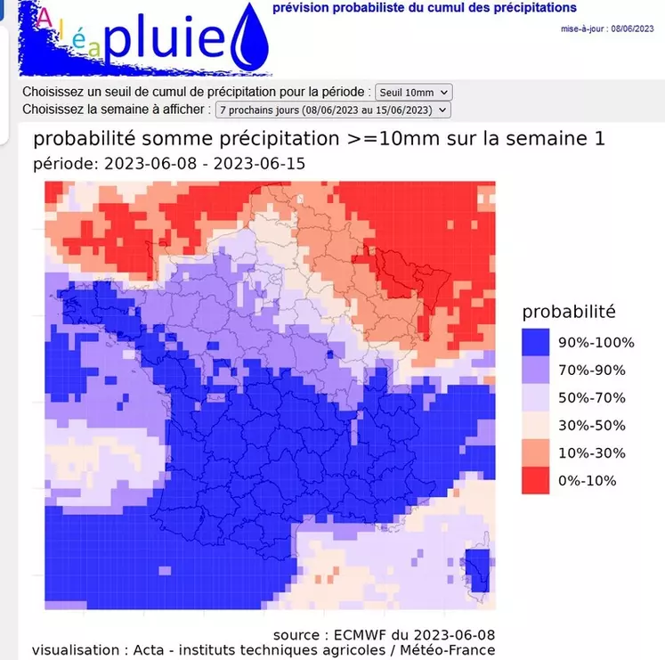 Selon Aléa Pluie, il y a une forte probabilité de pluie supérieure à 10 mm d'ici le 15 juillet dans une bonne partie des régions de France, y compris la moitié Nord.