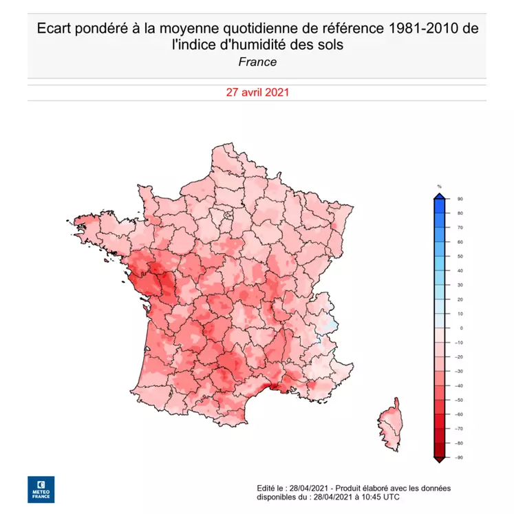 Anomalie (en %) de l'indice d'humidité des sols au 27 avril 2021 © Météo France