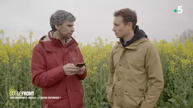 Christophe Noisette (Inf'OGM) et Hugo Clément devant une parcelle de colza.