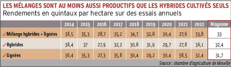 tableau des rendements en quintaux par hectare des différentes mélanges de semences de colza