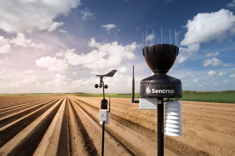 capteur météo connecté de la société Sencrop devant un champ de pomme de terre