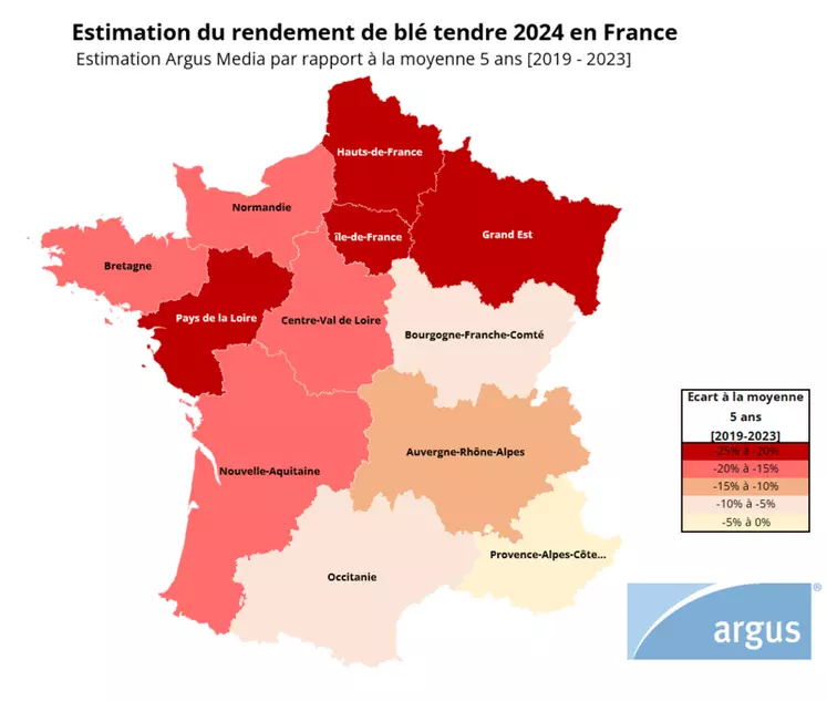 Évolution des rendements de blé tendre en 2024 en France par rapport à la moyenne 5 ans