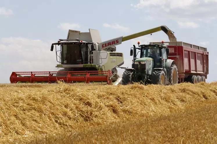 Moisson des orges dans les plaines cerealieres de la Marne avec une moissoneuse Claas 740 Lexion. 