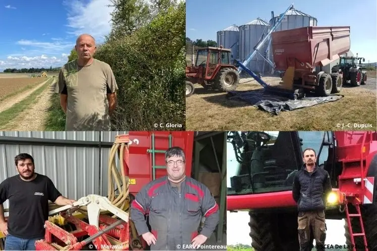 Valère Ricard, agriculteur dans la Somme ; le stockage de Jean-Christophe Dupuis, agriculteur en Saône-et-Loire ; Yannick Maraval, agriculteur dans le Tarn ; Thomas Pointereau, agriculteur dans le Loiret ; Corentin Denis, agriculteur dans l'Yonne.