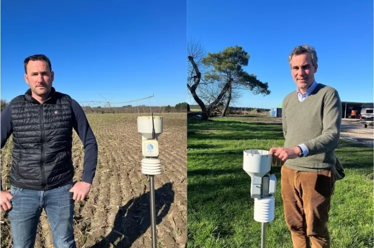 <em class="placeholder">Bruno Dubois, agriculteur à Bazas (33) et Thibault Varenne, agriculteur à Saint-Laurent-Médoc (33), à côté de stations météo.</em>