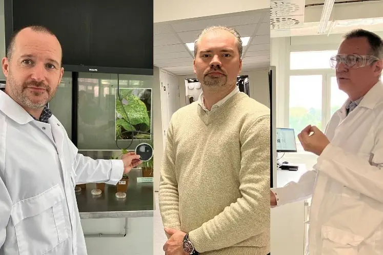 <em class="placeholder">Mathieu Gourgues, responsable du service de la Biologie, Florent Villiers, responsable de laboratoire en biochimie computationnelle et Laurent Bialy, responsable « ...</em>