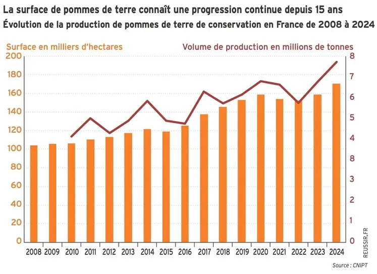 <em class="placeholder">Graphique : La surface de pommes de terre connaît une progression continue depuis 15 ans -Évolution de la production de pommes de terre de conservation en France de 2008 à ...</em>