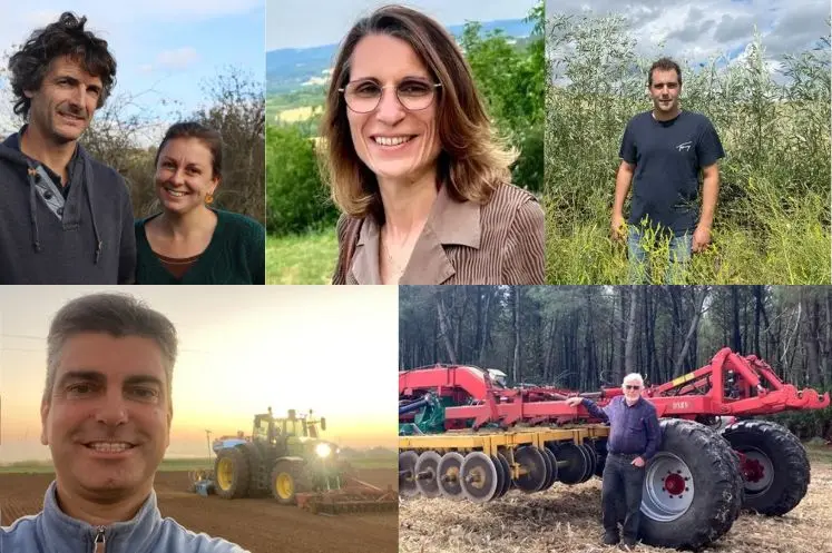 1re ligne :  Mathieu Etchegaray et Fanny Auclair installés, dans les Pyrénées-Atlantiques, Sylvie Daguet, agricultrice en Eure-et-Loir, Alexis Deville exploitant dans les Ardennes. 2e ligne : Laurent Bourgeois, céréalier dans l’Aube, Berthold Kress, maïsiculteur en Gironde.
