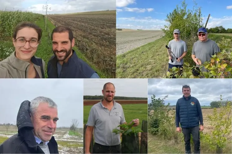 Hélène et Martin Gosse de Gorre, agriculteurs dans le Pas-de-Calais, Frédéric et Didier Lambin, agriculteurs en bio dans la Marne, Régis Négrier, céréalier en Charente, Fabrice Galland, agriculteur dans les Yvelines, et Alexis Brisset, exploitant dans le Pas-de-Calais. 