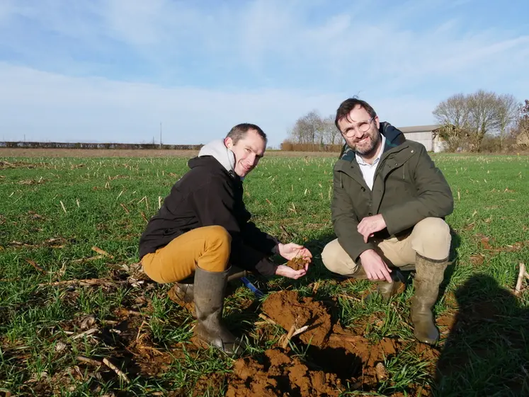 <em class="placeholder">Alexandre Hatet, chambre d'agriculture des Pays de la Loire et Bertrand Leroux-Coyau, agriculteur à Ballon-Saint-Mars (Sarthe),Le passage au semis direct doit permettre à ...</em>