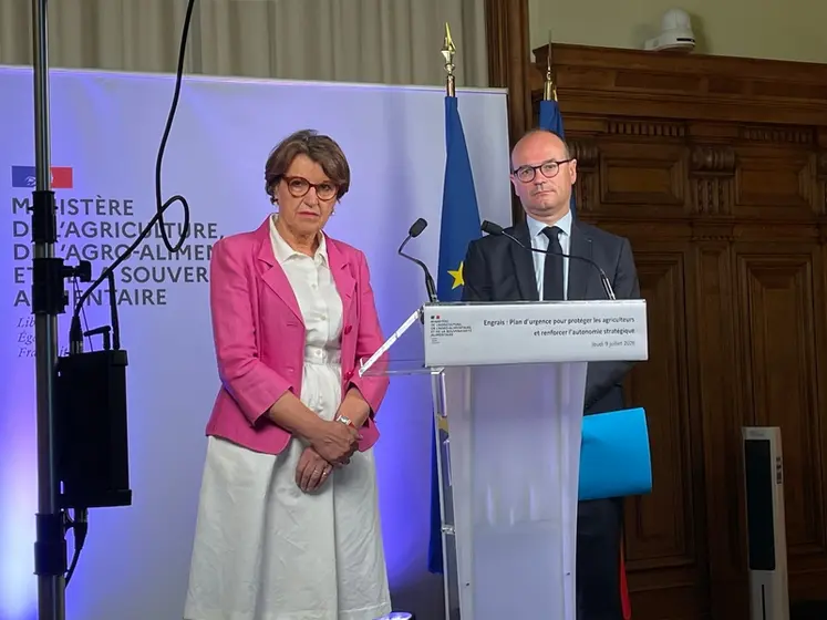 <em class="placeholder">Annie Genevard, ministre de l'agriculture et Sébastien Martin, ministre délégué à l'industrie,  </em>
