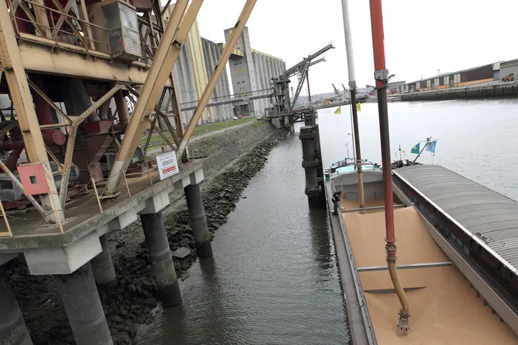 <em class="placeholder">Chargement d'une péniche avec du blé dans le terminal portuaire Senalia de Rouen. Transport fluvial et maritime des matières premières agricoles. Commerce du grain. ...</em>