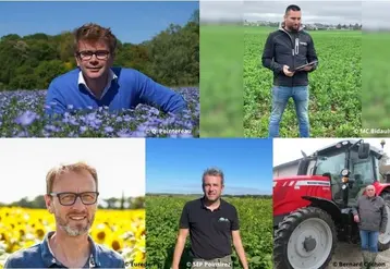 Quentin Pointereau, agriculteur dans le Cher ; Rémi Besnault, gérant d'une ETA dans la Vienne ; Olivier Michel, spécialiste nutrition des plantes au service agronomie de la coopérative Eureden ; Jérôme Noirez, agriculteur en Moselle ; Bernard Cochon, agriculteur dans la Marne.  