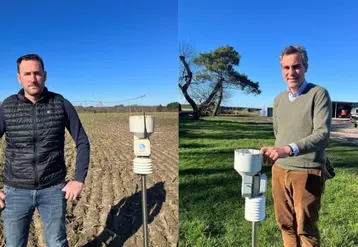 <em class="placeholder">Bruno Dubois, agriculteur à Bazas (33) et Thibault Varenne, agriculteur à Saint-Laurent-Médoc (33), à côté de stations météo.</em>