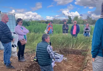 Groupe d'agriculteurs autour d'un formateur.