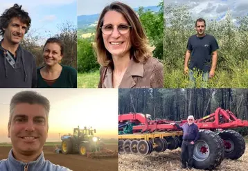 1re ligne :  Mathieu Etchegaray et Fanny Auclair installés, dans les Pyrénées-Atlantiques, Sylvie Daguet, agricultrice en Eure-et-Loir, Alexis Deville exploitant dans les Ardennes. 2e ligne : Laurent Bourgeois, céréalier dans l’Aube, Berthold Kress, maïsiculteur en Gironde.