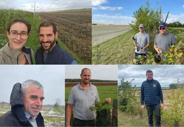 Hélène et Martin Gosse de Gorre, agriculteurs dans le Pas-de-Calais, Frédéric et Didier Lambin, agriculteurs en bio dans la Marne, Régis Négrier, céréalier en Charente, Fabrice Galland, agriculteur dans les Yvelines, et Alexis Brisset, exploitant dans le Pas-de-Calais. 
