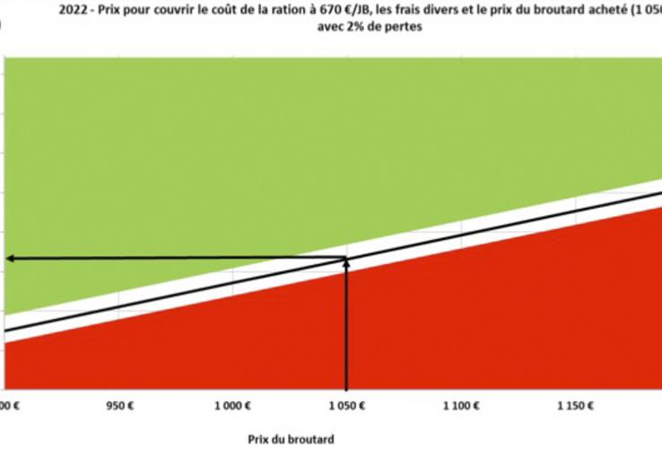 Schéma 1. Prix de vente minimum du JB par kg de carcasse pour couvrir le coût opérationnel (sur la base d’un coût de 796 e/JB) en fonction du prix du broutard (320 kg net).