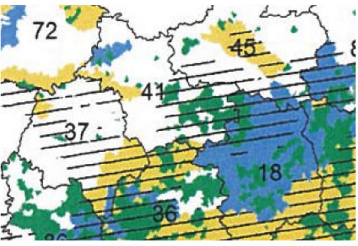 Extrait de la carte présentée le 20 décembre 2017 :
En hachuré : anciennes zones défavorisées.
Les zones de couleurs sont les nouvelles zones défavorisées simples définies par le Ministère selon les critères définis plus haut.