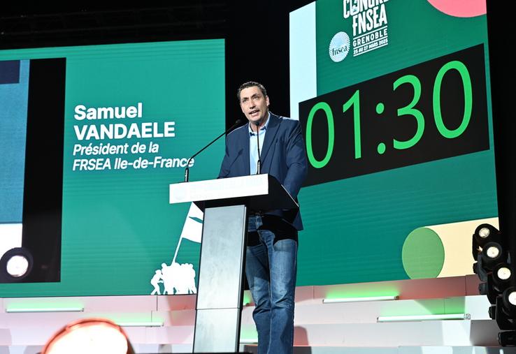 À Grenoble (Isère), mercredi 26 mars. Le président de la FRSEA Île-de-France, Samuel Vandaele, est intervenu au congrès de la FNSEA.