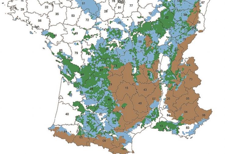 Carte des zones défavorisées pouvant prétendre à l'ICHN.