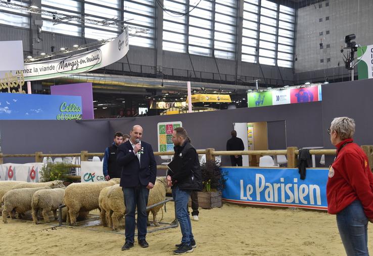 Paris, dimanche 22 février. David Tourte a animé le concours général d'ovins southdown et fait témoigner des éleveurs de cette race. 