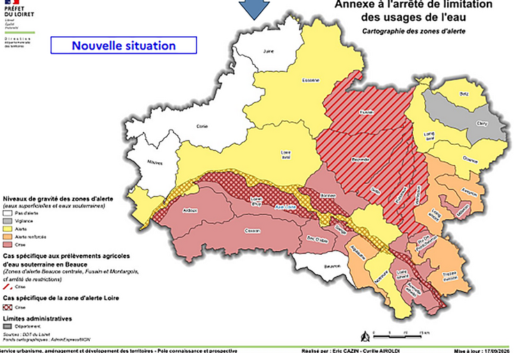 La carte publiée par la préfecture du Loiret montre une situation encore très tendue sur une grande partie du département, avec plusieurs secteurs placés en crise et des restrictions qui restent en vigueur selon les bassins.