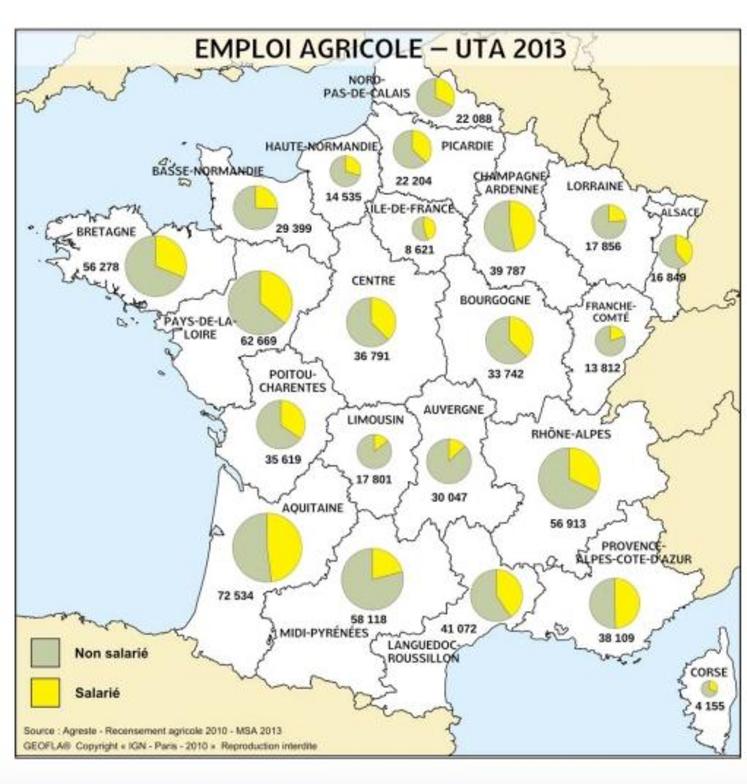 Répartition régionale des emplois agricoles salariés et non-salariés (en Uta).