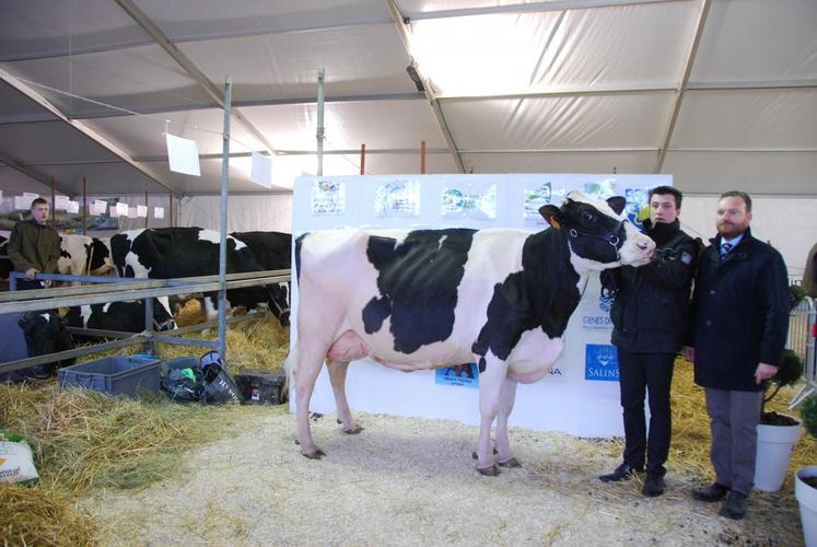 Le juge Guiseppe Beltramino aux côtés de Jérôme De Winter (EARL du Vignot à Hauterine, Yonne), propriétaire de Déesse, qui a remporté les prix de meilleure mamelle et de grande championne adulte.