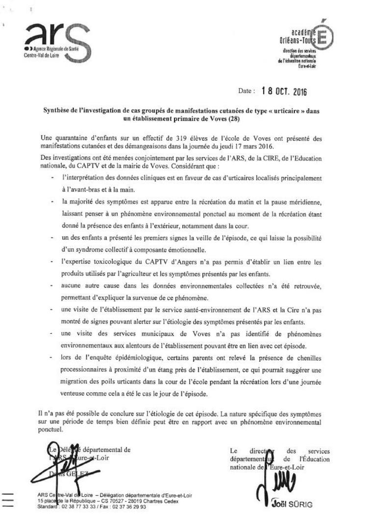 Synthèse de l’investigation menée suite à l’épisode de démangeaisons survenu à Voves le 17 mars, courrier envoyé le 18 octobre par la délégation départementale de l’ARS au présidnet de la chambre d’Agriculture d’Eure-et-Loir.