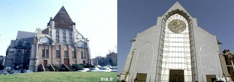 Avant/après : à gauche, la façade provisoire de briques et de planches de bois élevée en 1947, à droite, le visage actuel de la façade de la cathédrale (ina.fr).