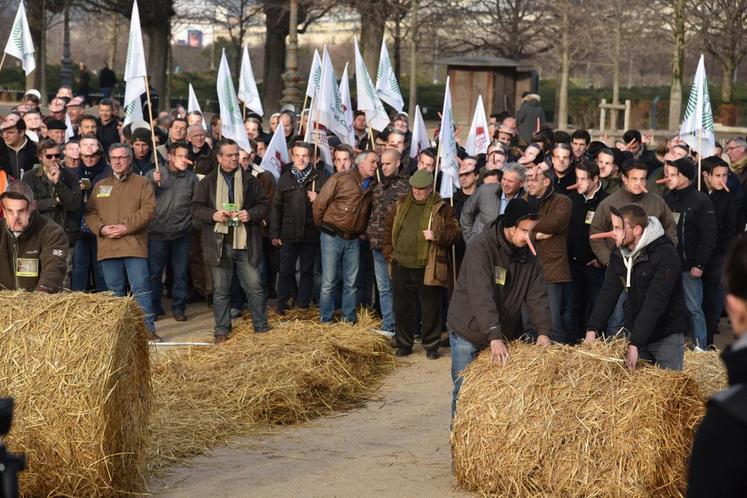 Les manifestants ont "rejoué" la marche d’Emmanuel Macron le soir de son élection en déroulant des bottes de paille. 